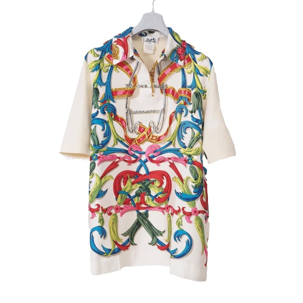 Hermes Printed Silk Panel Polo Knit Sweater Medium - Large